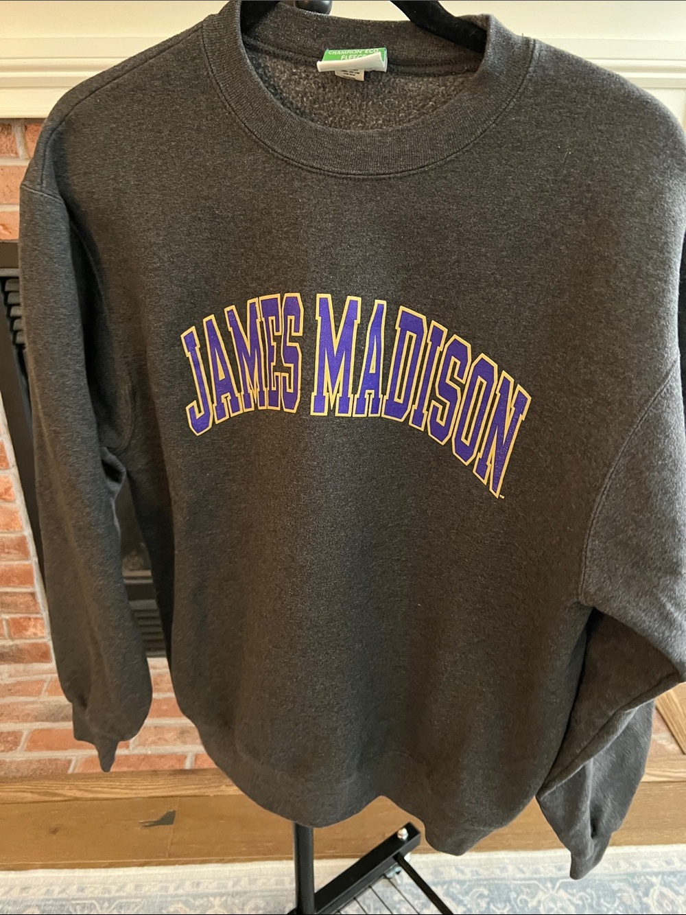 Champion Charcoal Sweatshirt with Purple and Gold James Madison Arch